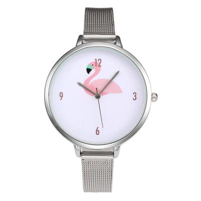 China Automatic Date Famingo Printing Sundress Watch With Metal Mesh Band for sale