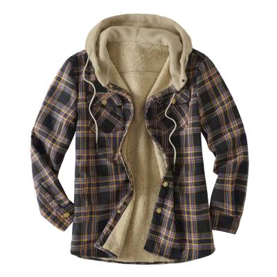 China Casual Anti-pilling Men's Hooded Coat Thicken Long Sleeve Plaid Work Flannel Button Down Shirt Jacket for sale