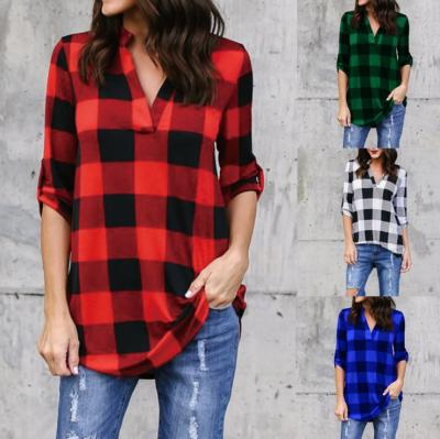 China 2021 Anti-Wrinkle Women's Plaid Printed V-Neck Long Sleeve Pull Sleeve Blouse for sale