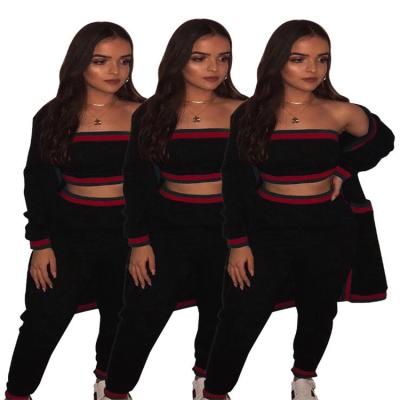 China 2021 Hot Sale Anti-wrinkle V-Neck Splice Oversized Sweater Shorts Knitted Sweat Suits Women Clothing 3 Piece Sets for sale