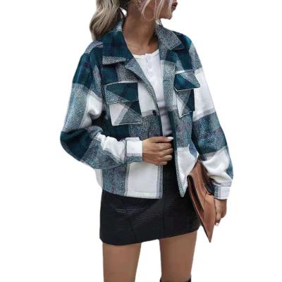 China Anti-wrinkle women's style turn down collar plaid color women's trench autumn cargo shirt jacket coat for sale