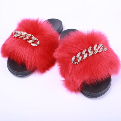 China Fashion Trend Women's Fur Chain Slides Real Fox Fur Fluffy Slippers Wholesale With Chain for sale