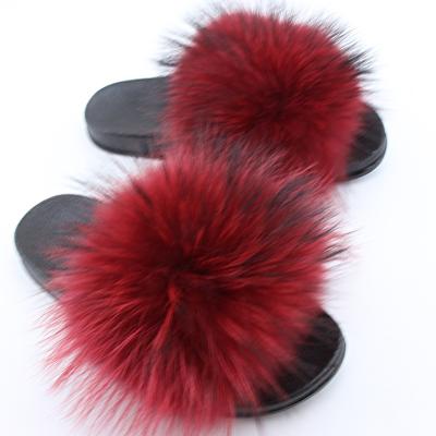 China New Real Large Raccoon Fur Fury Breathable Slippers Ladies Slides For Women for sale