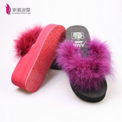 China 2018 New Fashion Slope Wedges Heel Feather Fur Slides Flip Flops Sandals for sale