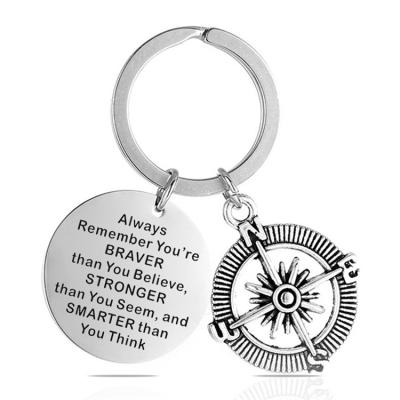 China Simplicity Stainless Steel Lettering Round Key Chain Compass Charm Best Friends Inspirational Gift for sale