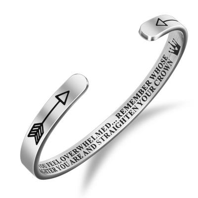 China Fashion Wear Custom 304 Stainless Steel C-Shaped Daily School Open Bangle Christmas Lettering Inspired Bracelets for sale