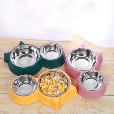 China Wholesale Viable Factory Cartoon Cat Shape Stainless Steel Cat Bowl Pet Food Water Feeding Double Bowl Cat Sets for sale