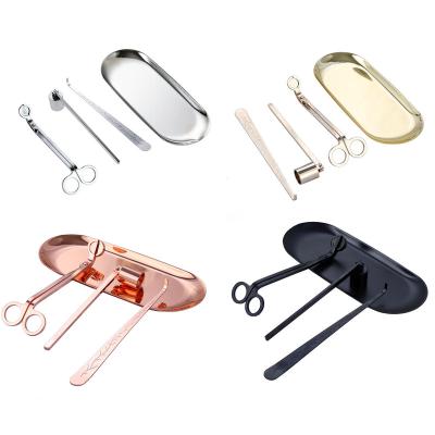 China Home Decoration Rose Gold Silver 4pcs/set Candle Sniffer Hook Trimmer Tray Luxury Stainless Steel Wick Scissors Fashionable Holder Accessories for sale