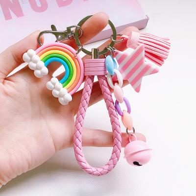 China Handmade Lovely Decoration Rainbow Lollipop Star Key Chain Leather Bracelet Braided Cute Rope Key Chain For Women for sale