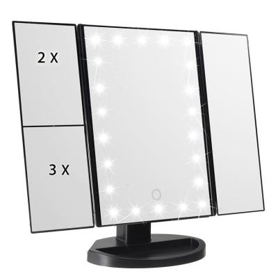 China Desk Mirror 3 Sides Collapsible Touch Desk Sensor Desk Cosmetic Led Makeup Mirror With Led Lights for sale