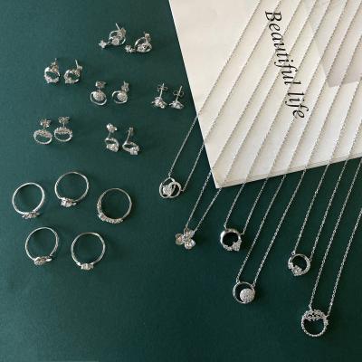 China CLASSIC Gift Fashion 925 Style Cubic Zircon CZ Sterling Silver Women Rhodium Plated Necklace Chains Stud Earrings Bridal Jewelry Set for sale