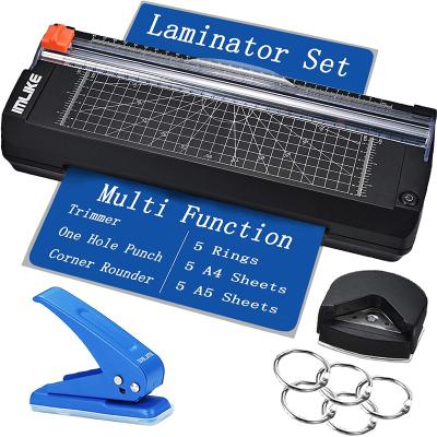 China Off A4 laminator machine with paper trimmer: 6 in 1 hot laminator with 10 laminating sheets, corner rounder, single hole punch for sale