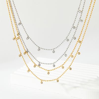 China Vintage 14K Gold Plated Stainless Steel Beaded Chain Necklace 5A White Zircon Intertwining Double Layer Necklace for sale