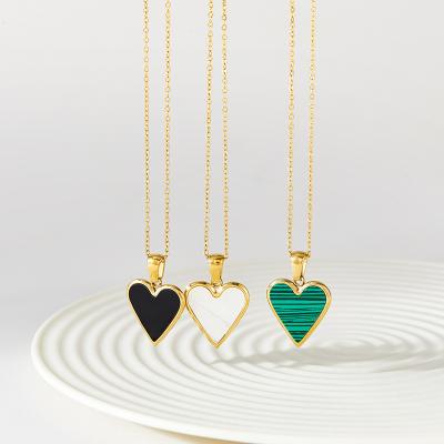 China Factory Direct Selling Stainless Steel Malachite Shell Charm Romantic Green Heart Shaped Natural Stone Jewelry Pendant Necklace for sale