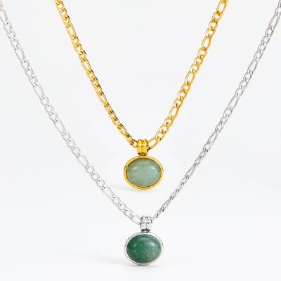 China CLASSIC Gold Plated Stainless Steel Figaro Jewelry Chain Necklace Natural Green Aventurine Stone Pendant Necklace For Gift for sale