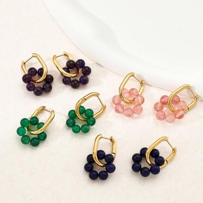 China Natural Hyperbola Stone Beads Drop Earrings Hyperbola Fashion Stainless Steel Circle Loop Earrings For Young Ladies for sale