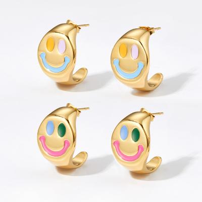 China Best Selling 2022 Romantic Smile Face Earrings Amazon Stainless Steel Colorful Oil Technics Smile Face Drip Huggie Earrings for sale