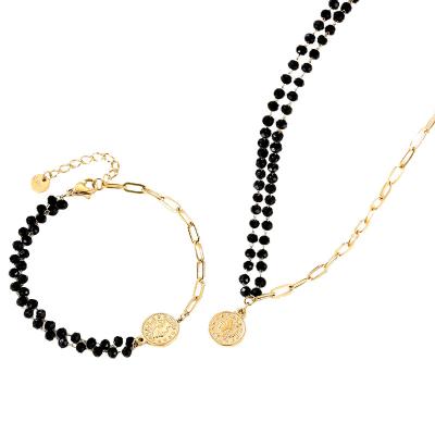 China TRENDY INS Style Stainless Steel Black Crystal Asymmetrical Gold Plated Necklace Chain Jewelry Set With White Pearl Pendant for sale