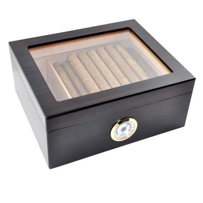 China Eco-Friendly Ebony Cigar Humidor with Separate Humidifier and Hygrometer, Handmade Wooden Tempered Glass Top Display Storage Box for sale