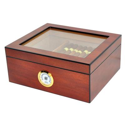 China Eco-Friendly Top Display Tempered Glass RTS Cigar Storage Box Wooden Humidor & Hygrometer Included Desktop Cigar Humidor for sale