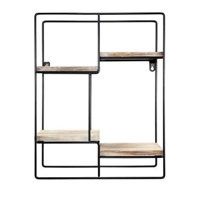 China Sustainable Wall Mounted Rustic Wooden Floating Metal Wire Shelf for sale