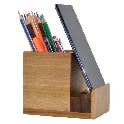 China Multifunctional Wooden Table Top Sustainable Pen Holder With Phone Stand for sale