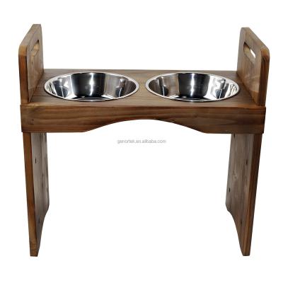 China Viable Adjustable Pet Dining Table Waist Rack Stainless Steel Dog Bowls Wooden Pet Feeder for sale