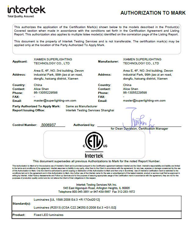 ETL - Xiamen Superlighting Technology Co.,ltd.