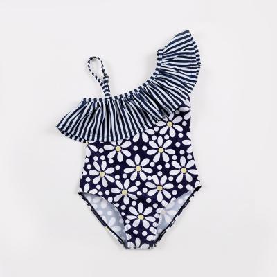 China Kid's Navy flower print  one shoulder swimwear one piece swimsuit for sale