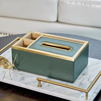 China Hot sale modern luxury copper multi-function living room coffee table box light factory sale decorative tissue box leather box for sale