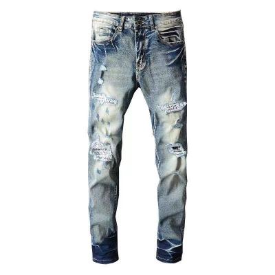 China Z0024 Breathable Distressed Lattice Mixed Denim Styles High Quality Denim Mens Stretch Jeans for sale