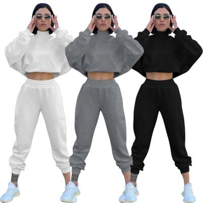 China Z1176 New Winter Breathable Thick Fleece Two Piece Pants Set Women Casual Sweatsuit Turtle Neck Crop Top And Sweatpants Set for sale