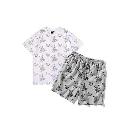 China Plus Size 2021 New Design Custom Logo Summer 2 Pieces Designer Men Little Bear Printing Cotton Clothing Sets 2020 for sale