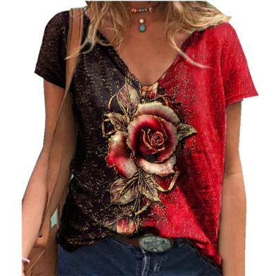 China LN3467 breathable 2021 summer new arrives fashionable v-neck casual flower printed short sleeve woman tops plus size tops for sale