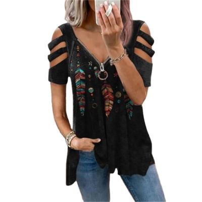 China Breathable LW3041 2021 new size more fashionable v neck zipper hollowed out tops woman T-shirt women tops for sale