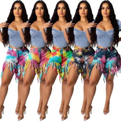 China LW0280 Breathable 2021 Summer High Quality Waist Tie Dye Casual Yoga Tassel Top Plus Size Women Jeans Short Pants for sale