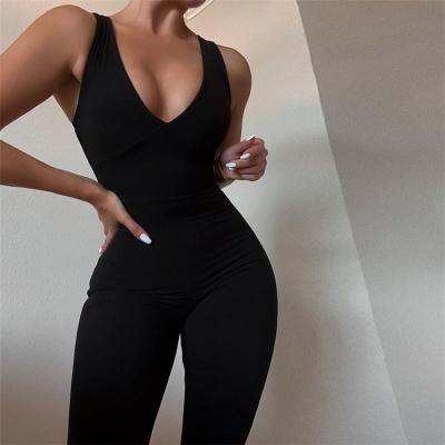 China LN2290 Breathable 2021 Summer Hot Sale V-Neck Overalls Long Bodycon Overalls Womens One Piece Sleeveless Solid Causal Rompers for sale