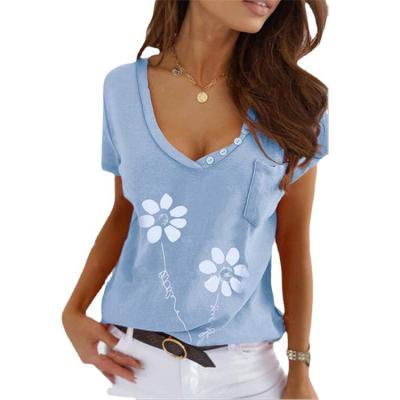 China 2021 Summer Breathable Fashionable Casual V-neck Short Sleeve LN3471 Printed T-shirt Women Knit Tops for sale