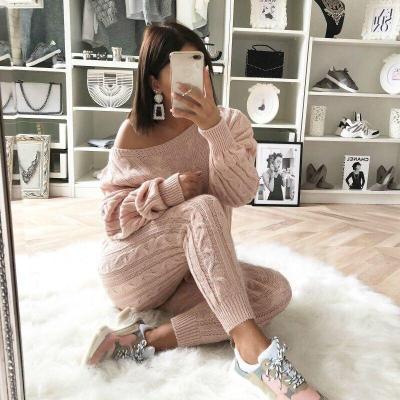 China Anti-wrinkle fashion cotton tracksuit women sweater top+pants knit suit o-neck knit set women outwear 2 piece set for sale