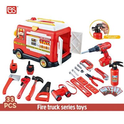 China Fire Tool Toy BS Toy 33pcs Children Education Pretend Play Role Play Extinguisher Boy Tool Fire Truck Universal Car Toy With Sound for sale