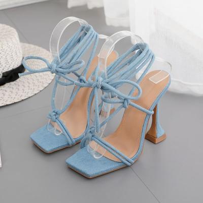 China 2021 Summer Ladies Shoes Durable Sandals Open Toe Sexy Sandals Nightclub Cowboy Size 42 Blue Lace Block High Heels Party Shoes Large for sale