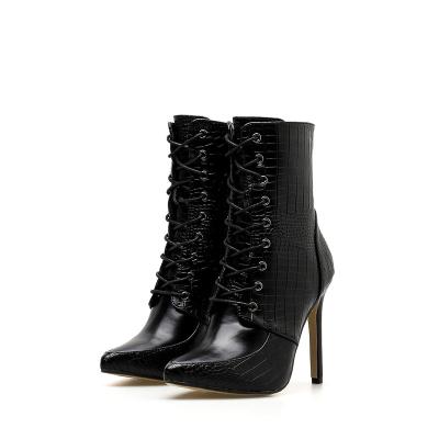 China New Arrival PU Winter Durable Warm Ladies Black High Heel Boots For Women for sale