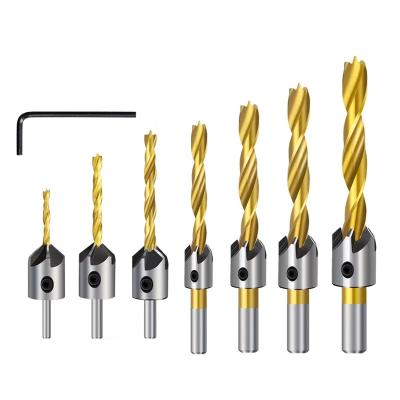 China Drilling 3-10mm Titanium Coating Countersink Wood Drill Bit Set With Hex Wrench Screw Hole Drill Cutter HSS Wood Drill Bit for sale