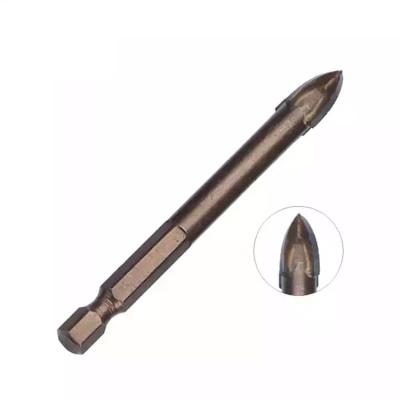 China Masonry Drilling Amber Coated Quick Change Hex Shank Carbide Cross Tip Glass Drill Bits For Porcelain Tile Glass Ceramic Drilling for sale