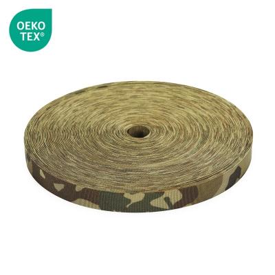 China Soft and Flexible Factory custom logo green print camouflage nylon webbing for outdoor train waist belt for sale