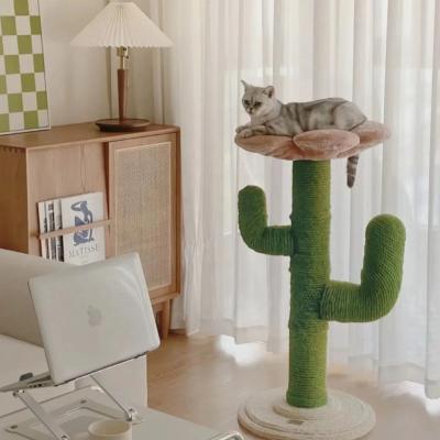 China Sustainable Cat Scratching Green Cactus Post of Natural Sisal Rope and Fabric with Flowers for sale