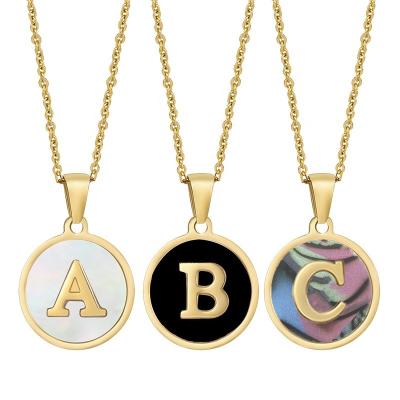 China 26 Alphabets A-Z Women Initial M Necklace With White Shell Gold Plated Stainless Steel Round Disc Charm Hypoallergenic Letter Pendant Necklace for sale