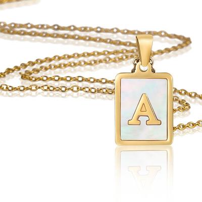 China 18K Gold Stainless Steel Letter A-Z Initial White Rectangle Shell Alphabet Pendant Necklace For Hypoallergenic Women for sale