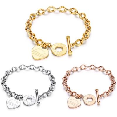 China Hypoallergenic Stainless Steel Design Love Heart Bracelets For Women Party Gift Fashion Chain Charm Bracelets Jewelry Wholesale Text Engraved for sale