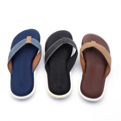 China 2021 faux PU textile memory foam eva flat slipper wholesale leather cheap outdoor anti-slip outsole slipper for man for sale